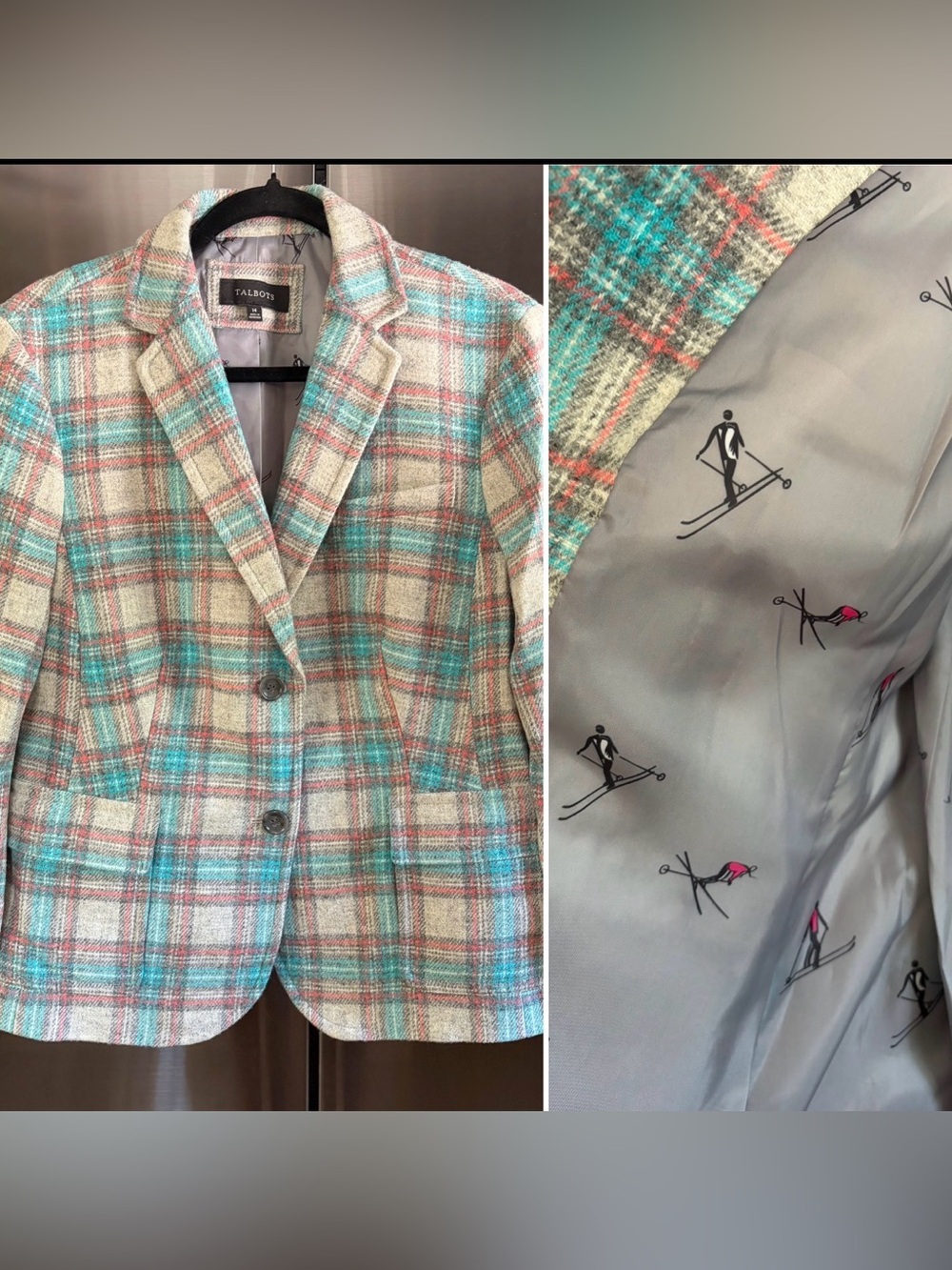 NWT Talbots Plaid Wool Blazer Retro Ski Print Lining 14 Apres Ski Preppy Cozy
